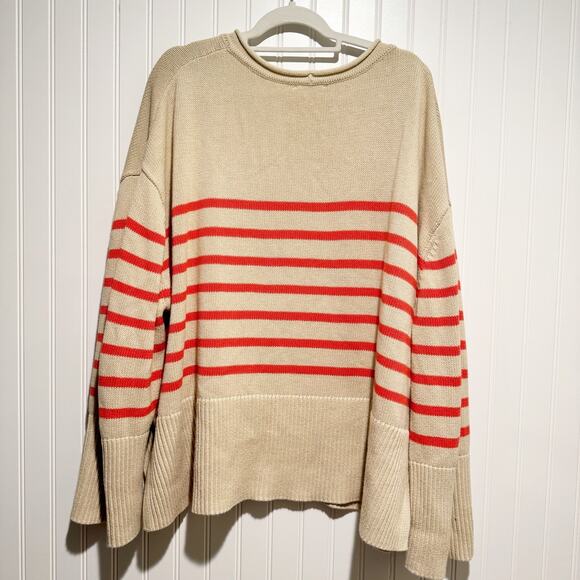 GAP 24/7 Split Hem Rolled Neck Striped Sweater Cream Red Size XL Oversized - Picture 7 of 7